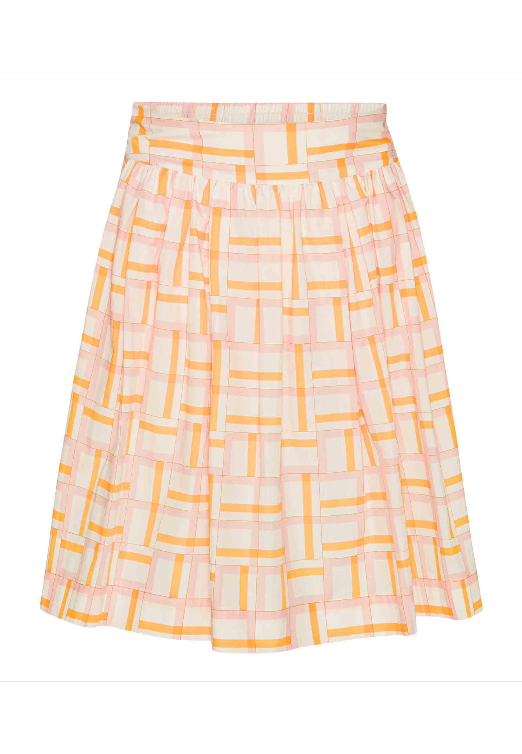 Økologisk nederdel med mosaikker i gule, røde og hvide farver. Syet i poplin fra danske GROBUND. 100% økologisk bomuld. GOTS-certificeret