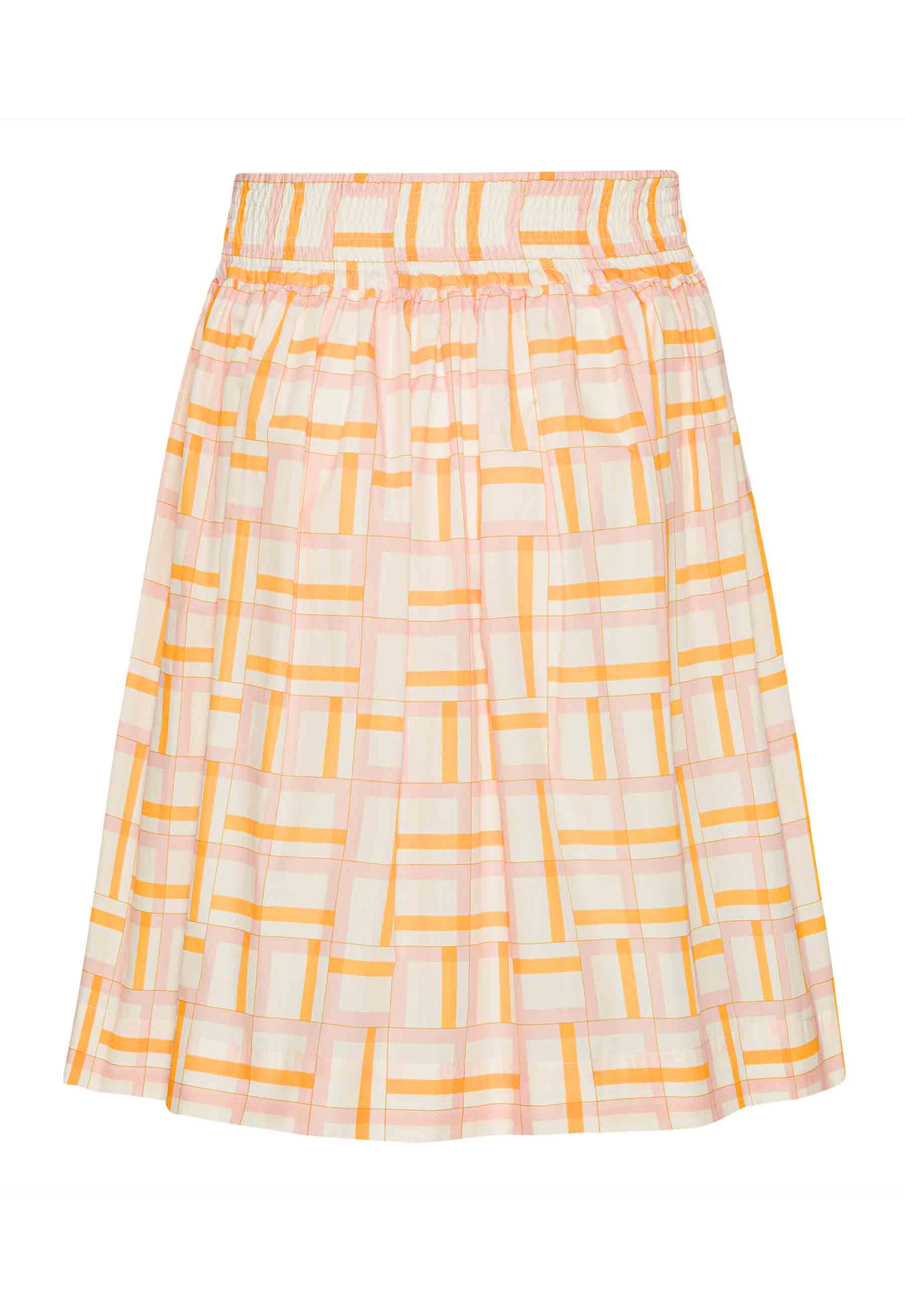 Økologisk nederdel med mosaikker i gule, røde og hvide farver. Syet i poplin fra danske GROBUND. 100% økologisk bomuld. GOTS-certificeret