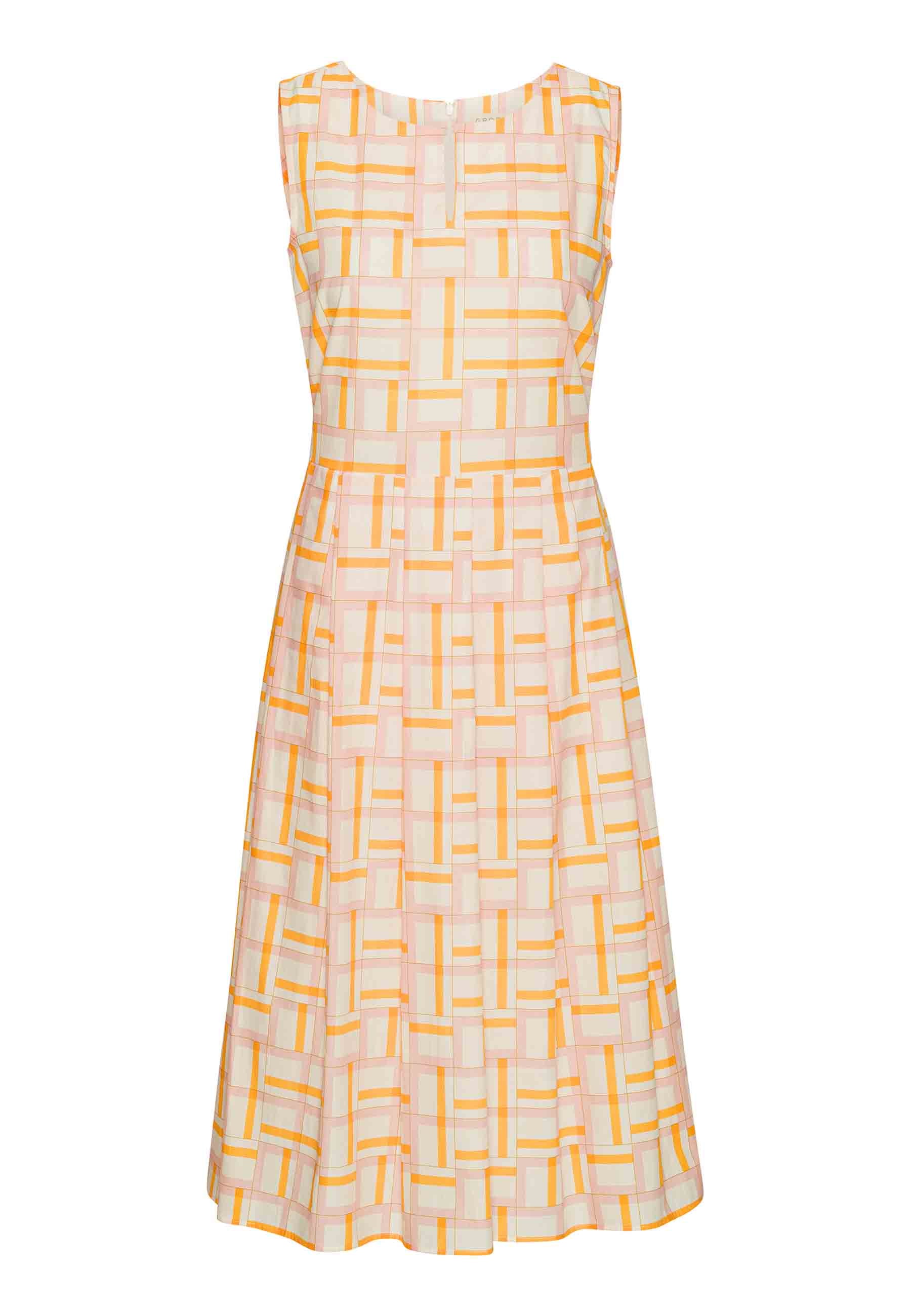 Økologisk kjole med mosaikker i gule, røde og hvide farver. Syet i poplin fra danske GROBUND. 100% økologisk bomuld. GOTS-certificeret.