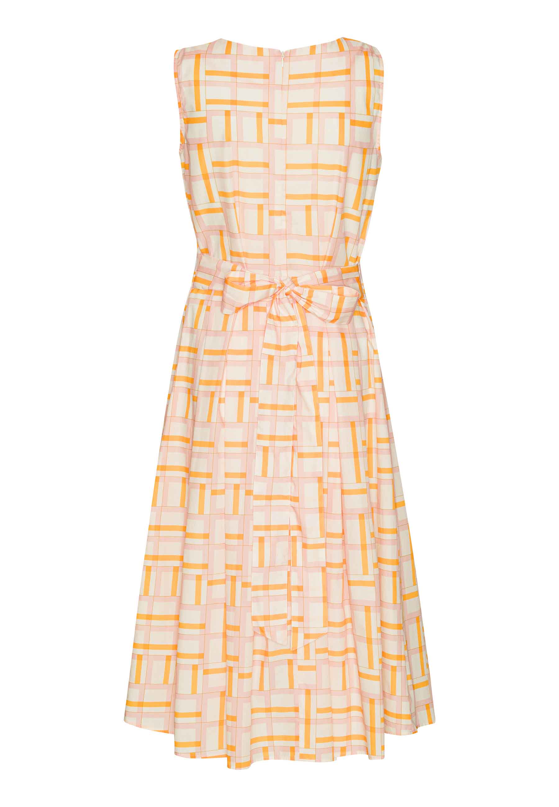 Økologisk kjole med mosaikker i gule, røde og hvide farver. Syet i poplin fra danske GROBUND. 100% økologisk bomuld. GOTS-certificeret.