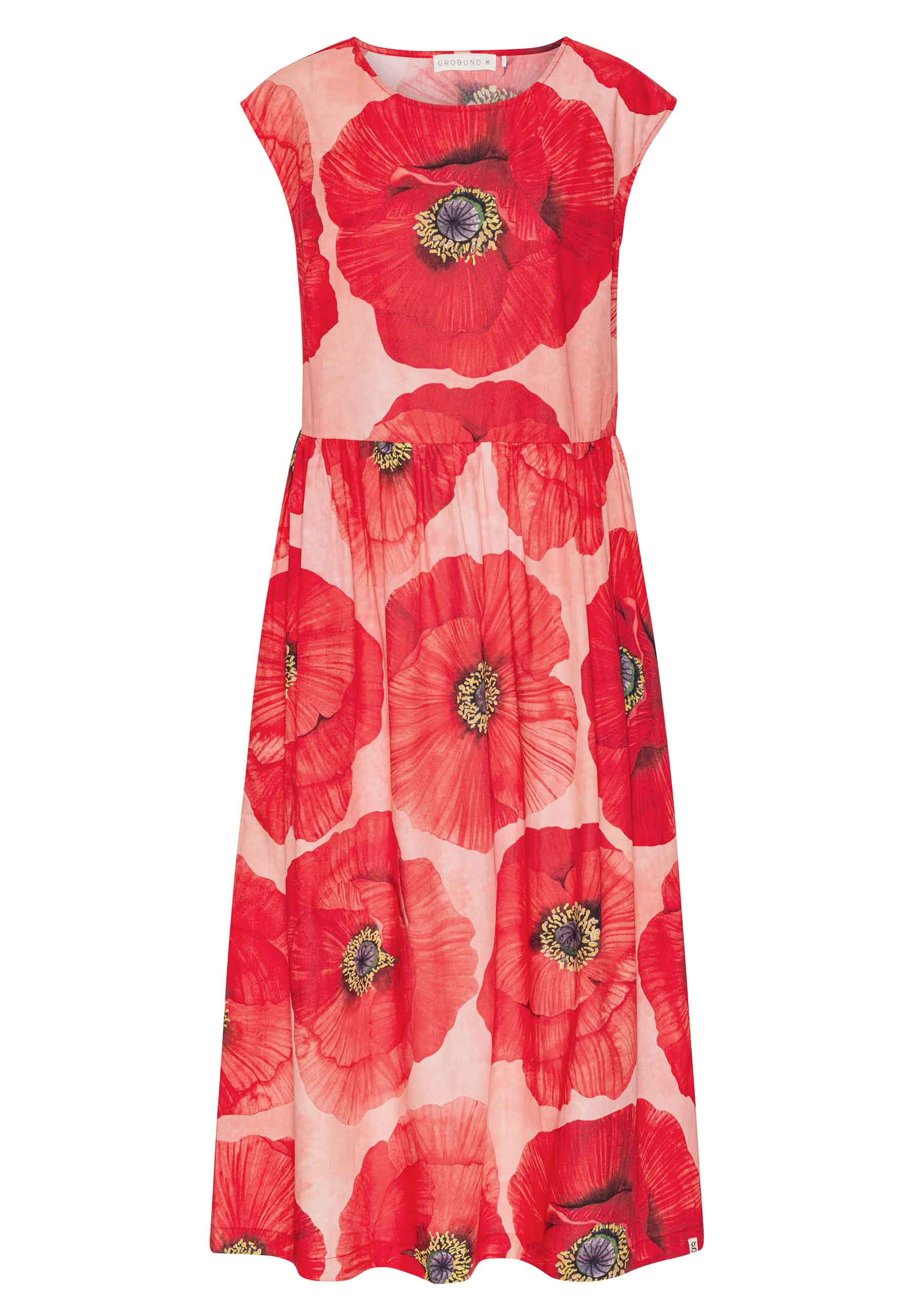 Økologisk kjole med valmue-print i poplin fra danske GROBUND. 100% økologisk bomuld. GOTS-certificeret.