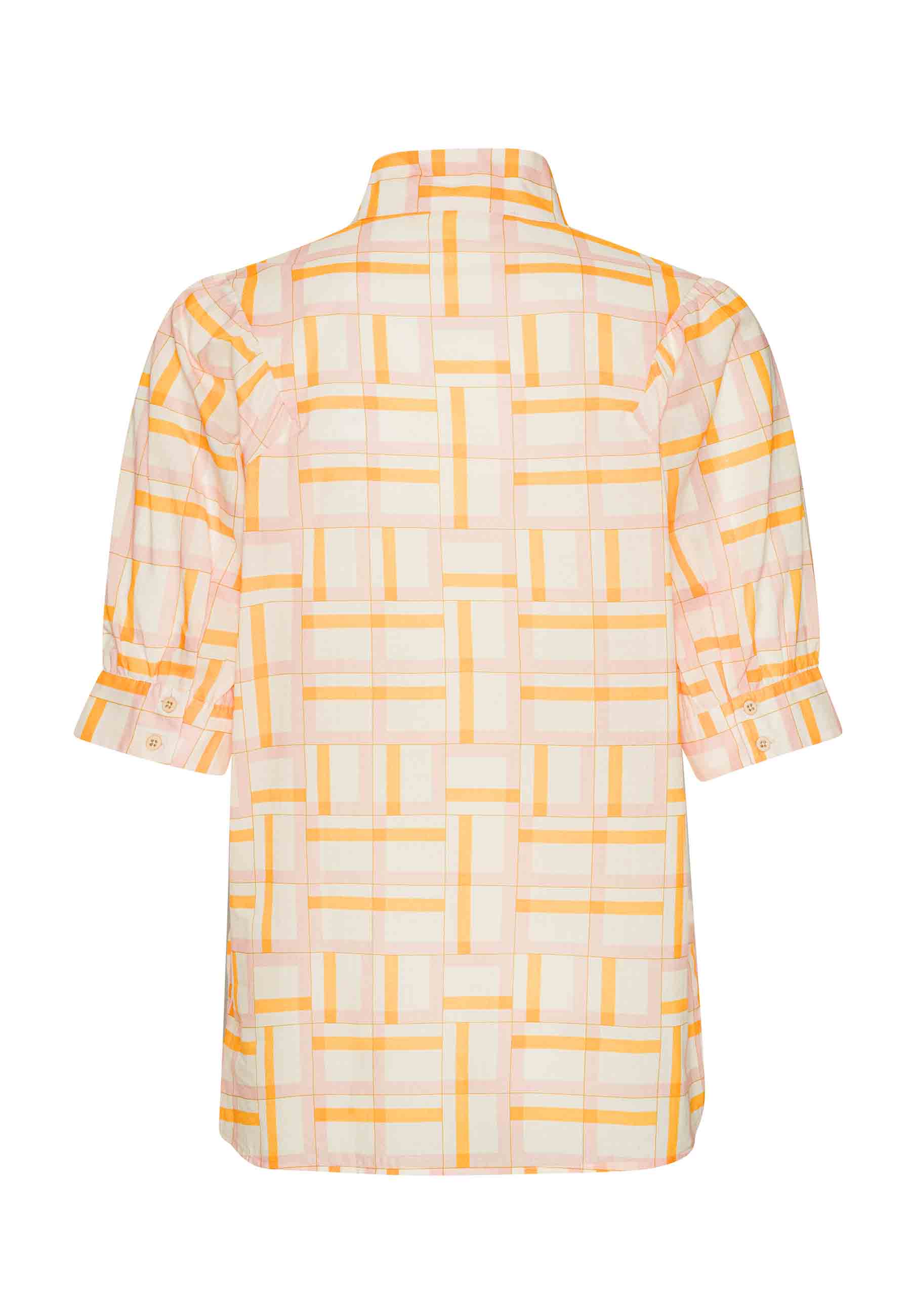 Økologisk skjorte med mosaikker i gule, røde og hvide farver. Syet i poplin fra danske GROBUND. 100% økologisk bomuld. GOTS-certificeret.