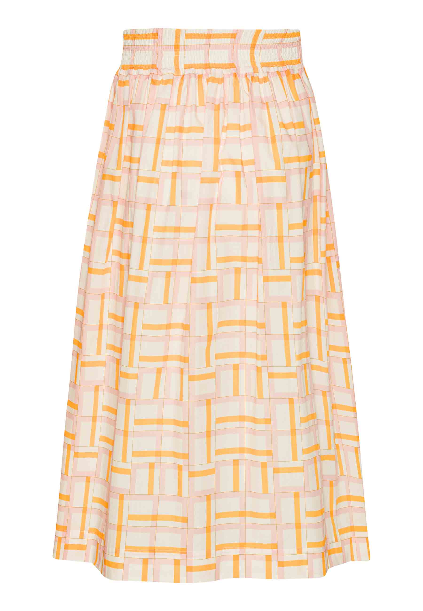 Økologisk nederdel med mosaikker i gule, røde og hvide farver. Syet i poplin fra danske GROBUND. 100% økologisk bomuld. GOTS-certificeret